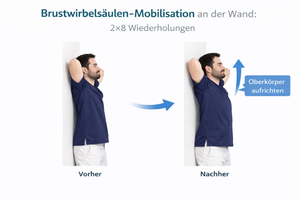 Übung Brustwirbelsäulen-Mobilisation an der Wand zur Aufrichtung des Oberkörpers bei HWS-Beschwerden – Ordination Dr. Shnawa, 1110 Wien Simmering