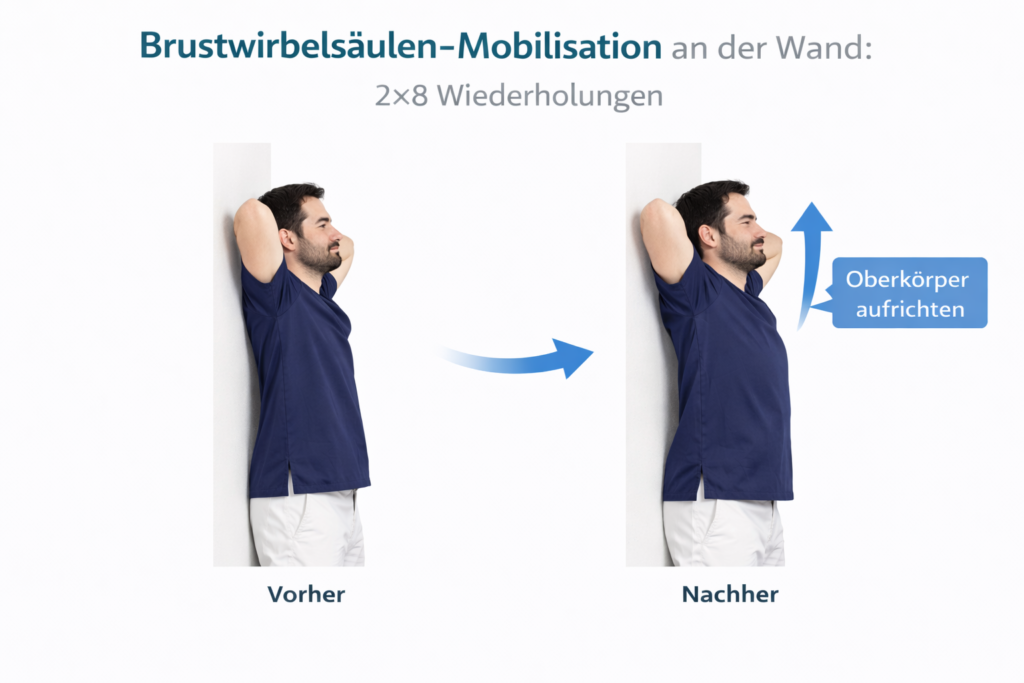 Übung Brustwirbelsäulen-Mobilisation an der Wand zur Aufrichtung des Oberkörpers bei HWS-Beschwerden – Ordination Dr. Shnawa, 1110 Wien Simmering