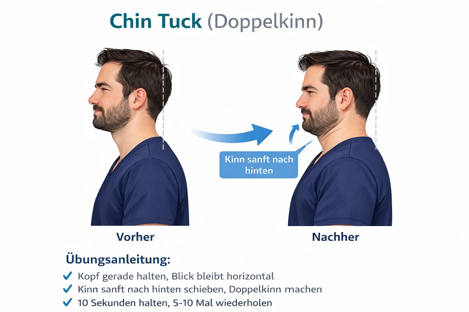 Übung Chin Tuck (Doppelkinn) zur Aktivierung der tiefen Nackenbeugemuskulatur – Ordination 1110 Wien Simmering