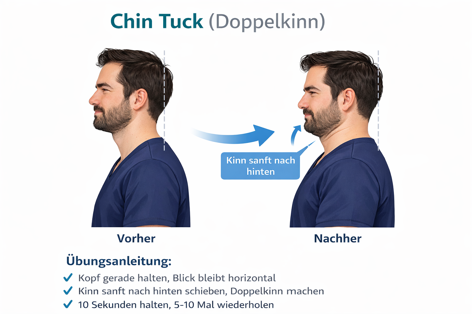 Übung Chin Tuck (Doppelkinn) zur Aktivierung der tiefen Nackenbeugemuskulatur – Ordination 1110 Wien Simmering
